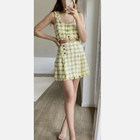Zara SET Textured Tweed Plaid Crop Top + Skirt Yellow Black Size XS - Picture 2 of 15